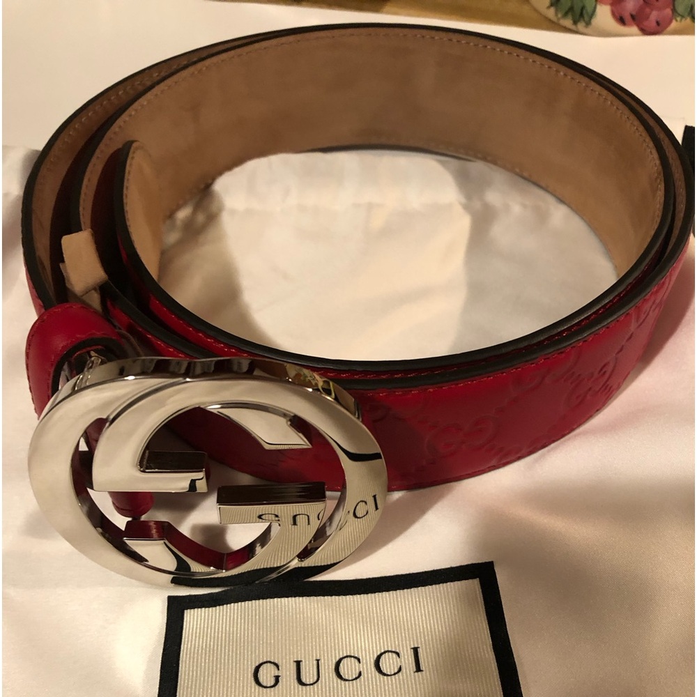 Gucci Red Leather Belt with Silver Buckle